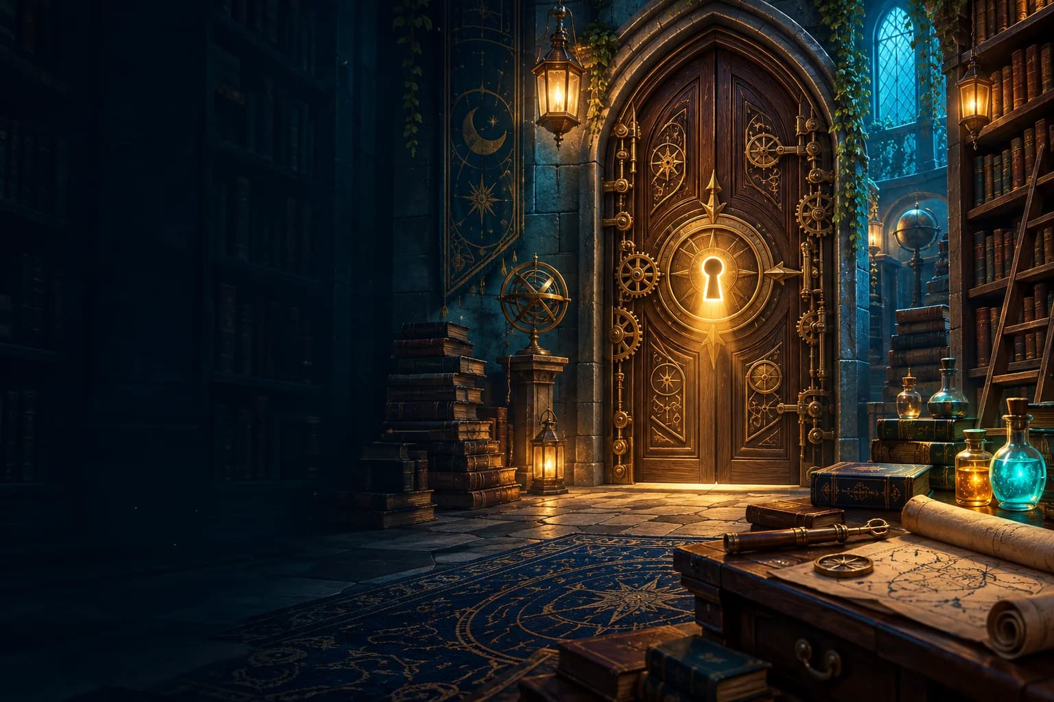 A mysterious library with a glowing golden lock on an ornate door, books, maps, and colorful potions